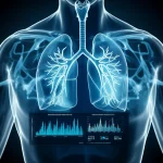 Immagine concettuale fotorealistica: campione di sangue in provetta davanti a polmoni stilizzati e grafici scientifici, obiettivo prime 35mm, profondità di campo ridotta, toni blu e grigi duotone, rappresentante la ricerca sui biomarcatori del Long COVID.