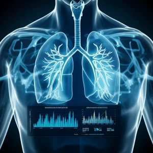 Immagine concettuale fotorealistica: campione di sangue in provetta davanti a polmoni stilizzati e grafici scientifici, obiettivo prime 35mm, profondità di campo ridotta, toni blu e grigi duotone, rappresentante la ricerca sui biomarcatori del Long COVID.