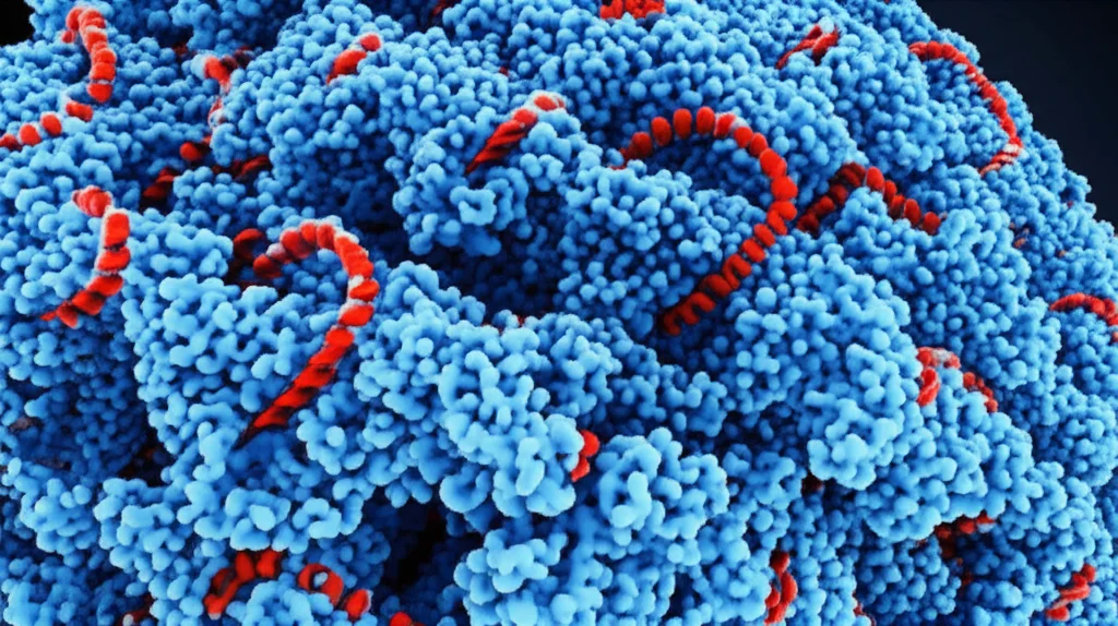 Immagine fotorealistica al microscopio elettronico di nanoparticelle lipidiche (LNPs) sferiche che incapsulano filamenti di mRNA, con un dettaglio estremo sulla struttura delle LNPs e sull'mRNA all'interno. Illuminazione controllata per evidenziare le texture e i dettagli molecolari. Obiettivo macro 100mm, alta definizione, sfondo scuro per far risaltare le nanoparticelle.