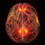 Immagine fotorealistica del cervello umano visto dall'alto, con intricate reti neurali (connettoma) illuminate che si propagano da specifiche aree calde (epicentri) evidenziate in rosso brillante e arancione. Utilizzare un obiettivo grandangolare 24mm per una vista ampia che catturi l'intera rete, lunga esposizione per creare scie luminose che mostrano il movimento della 'diffusione' dell'attività, messa a fuoco nitida sulle connessioni principali, sfondo scuro per contrasto.