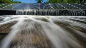 Immagine fotorealistica, landscape wide angle 15mm, un impianto di purificazione dell'acqua su piccola scala che utilizza pannelli ricoperti di fotocatalizzatori a base di ossido di gallio drogato con ferro, illuminato dalla luce solare diretta, con acqua visibilmente più pulita in uscita. Sharp focus, long exposure per un effetto di acqua setosa.