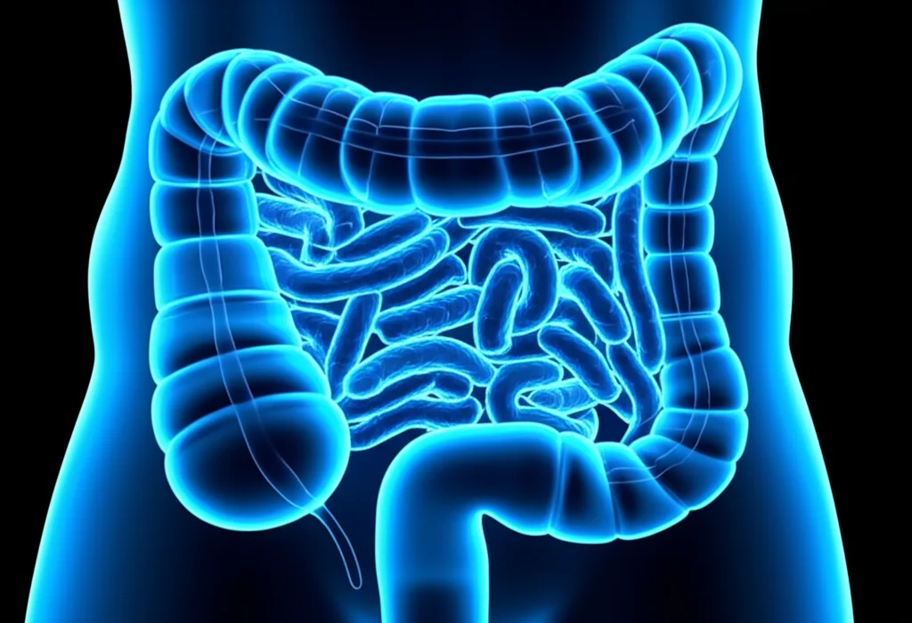 Immagine fotorealistica, obiettivo primario, 35mm, raffigurante una rappresentazione stilizzata di un colon umano sano con batteri benefici luminosi, contrapposto a una sezione infiammata, illustrando l'impatto dei probiotici e del butirrato, profondità di campo, bicromia blu e arancione.