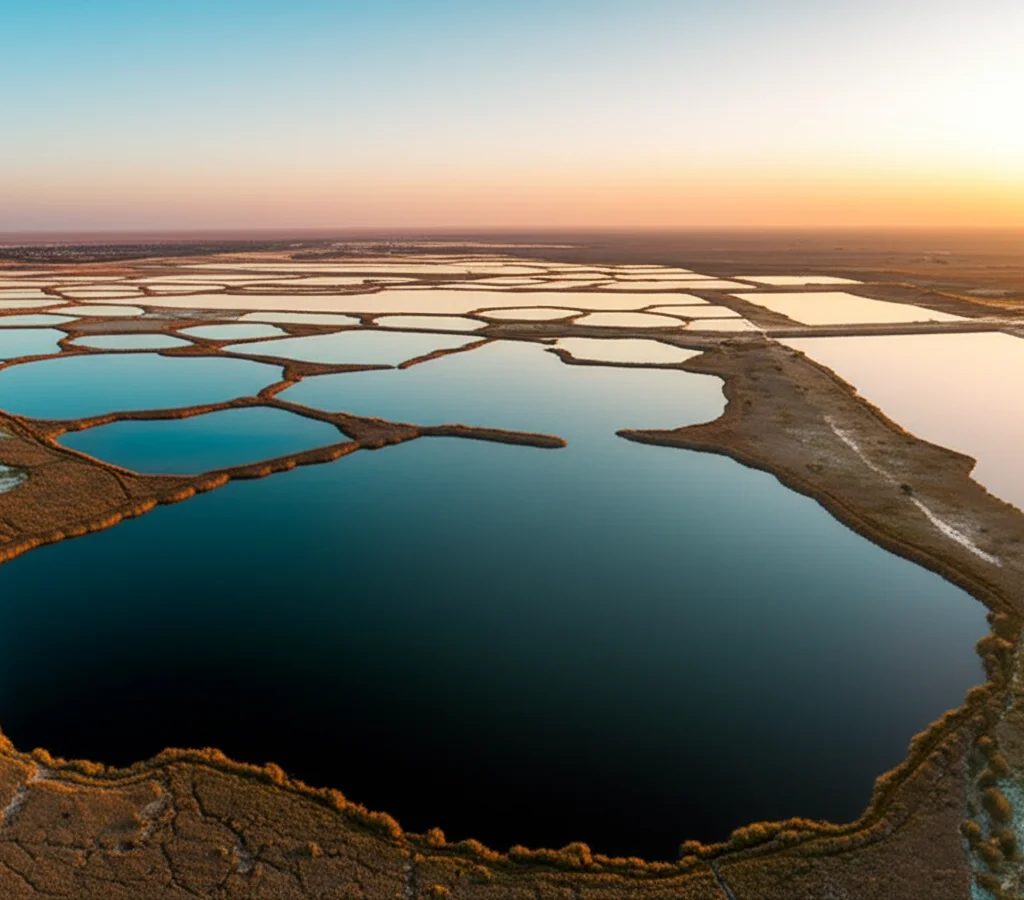 Panoramica aerea del Lago Manzala dopo le operazioni di dragaggio, con acque visibilmente più limpide e un ecosistema in fase di ripresa. Landscape wide angle 10mm, sharp focus, smooth water, scattata durante l'alba o il tramonto per colori caldi e intensi, evidenziando la vastità e la rinnovata bellezza del lago egiziano.