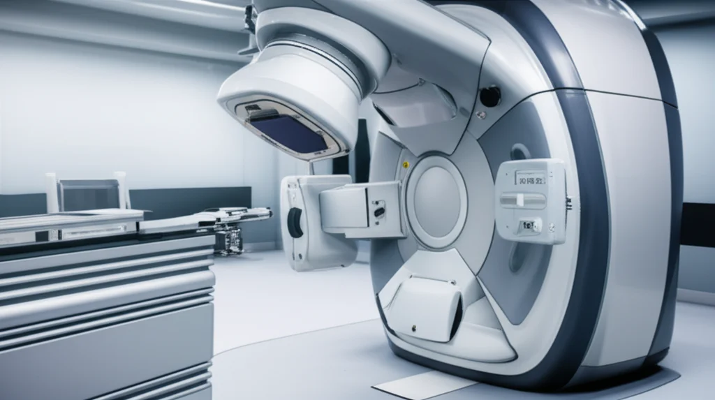 Photorealistic image of advanced radiotherapy equipment in a modern clinic, with a sense of hope and precision, 35mm portrait lens, high detail, controlled lighting.