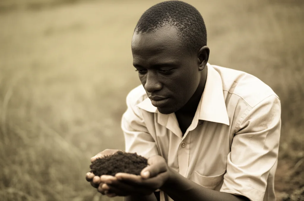 Portrait photography, 50mm prime lens, catturando un piccolo agricoltore ugandese mentre esamina una manciata di terra, volto che mostra contemplazione, sfondo leggermente sfocato (Profondità di campo), luce naturale, duotono terroso (marrone e verde).