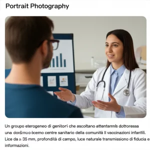 Portrait Photography, un gruppo eterogeneo di genitori che ascoltano attentamente una dottoressa in un moderno centro sanitario della comunità, che discute di vaccinazioni infantili. Il dottore indica un grafico. Lice da 35 mm, profondità di campo, luce naturale, trasmissione di fiducia e informazioni.
