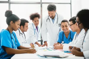 portrait photography, un team diversificato di professionisti sanitari e membri della comunità collabora con entusiasmo attorno a un tavolo, esaminando documenti per un programma di peso sano familiare, obiettivo prime da 35mm, profondità di campo, illuminazione brillante e ottimista, che trasmette lavoro di squadra e dedizione.