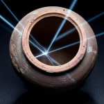 Primo piano con lente macro da 100mm di un antico crogiolo giapponese in ceramica del periodo Edo, appoggiato su una superficie scura e testurizzata. Il crogiolo mostra segni del tempo e dell'uso, con tracce di materiale all'interno. Raggi di luce artistici, rappresentanti i muoni, penetrano l'oggetto, suggerendo l'analisi interna. Alta definizione, messa a fuoco precisa, illuminazione controllata per esaltare i dettagli.