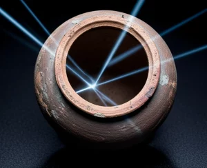 Primo piano con lente macro da 100mm di un antico crogiolo giapponese in ceramica del periodo Edo, appoggiato su una superficie scura e testurizzata. Il crogiolo mostra segni del tempo e dell'uso, con tracce di materiale all'interno. Raggi di luce artistici, rappresentanti i muoni, penetrano l'oggetto, suggerendo l'analisi interna. Alta definizione, messa a fuoco precisa, illuminazione controllata per esaltare i dettagli.