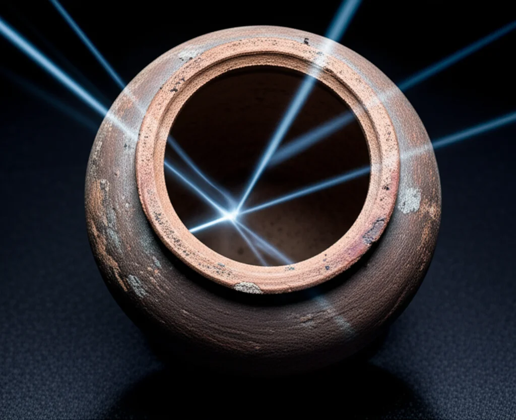 Primo piano con lente macro da 100mm di un antico crogiolo giapponese in ceramica del periodo Edo, appoggiato su una superficie scura e testurizzata. Il crogiolo mostra segni del tempo e dell'uso, con tracce di materiale all'interno. Raggi di luce artistici, rappresentanti i muoni, penetrano l'oggetto, suggerendo l'analisi interna. Alta definizione, messa a fuoco precisa, illuminazione controllata per esaltare i dettagli.