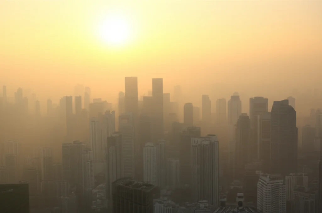 Skyline di una città del sud-est asiatico parzialmente oscurato da una foschia da inquinamento atmosferico, con il sole che filtra debolmente attraverso le particelle sospese. Fotografia grandangolare con obiettivo da 24mm, lunga esposizione per accentuare l'effetto della foschia e rendere l'acqua liscia se presente, focus nitido sugli edifici in primo piano per contrasto.