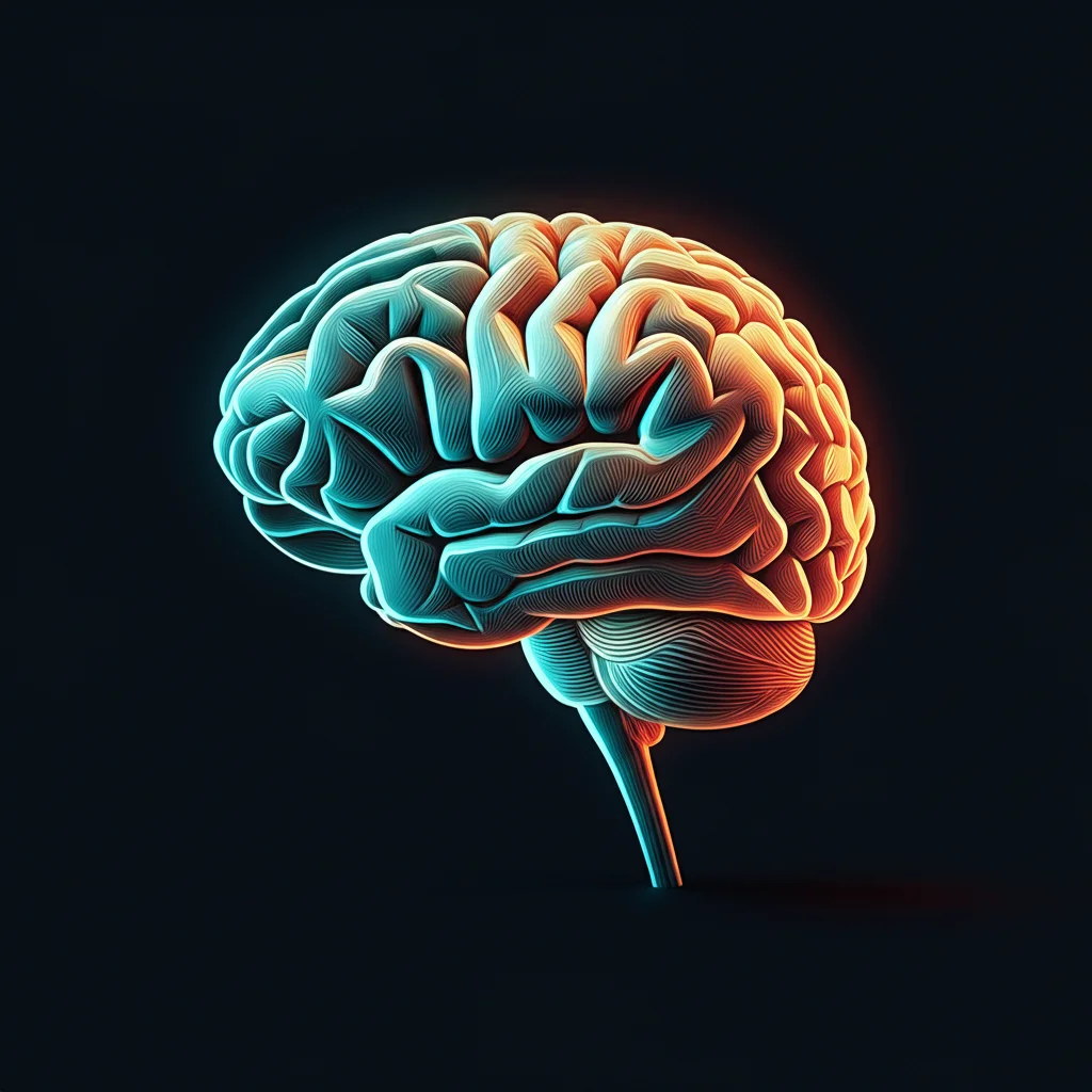 Un cervello stilizzato fatto di circuiti luminosi da cui si diramano connessioni verso simboli che rappresentano conoscenza (libri, lampadine) e comprensione (persone che dialogano, puzzle completati). Obiettivo prime 35mm, profondità di campo, duotone ciano e magenta per un look moderno e tecnologico.