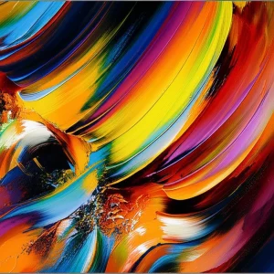 Un dipinto ad olio astratto intitolato 'Aura', che raffigura l'esperienza soggettiva di un'aura epilettica attraverso colori vibranti, forme frammentate e un senso di dissolvimento e compressione. Obiettivo macro 100mm, alta definizione, illuminazione da galleria d'arte per enfatizzare i dettagli e la texture della pittura.