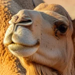Un dromedario arabo in un contesto di concorso di bellezza, con particolare attenzione alle sue labbra carnose. Fotografia naturalistica, teleobiettivo zoom 200mm per un ritratto espressivo, luce naturale dorata del deserto, messa a fuoco precisa sugli occhi e sulle labbra del cammello, per evidenziare le caratteristiche estetiche.