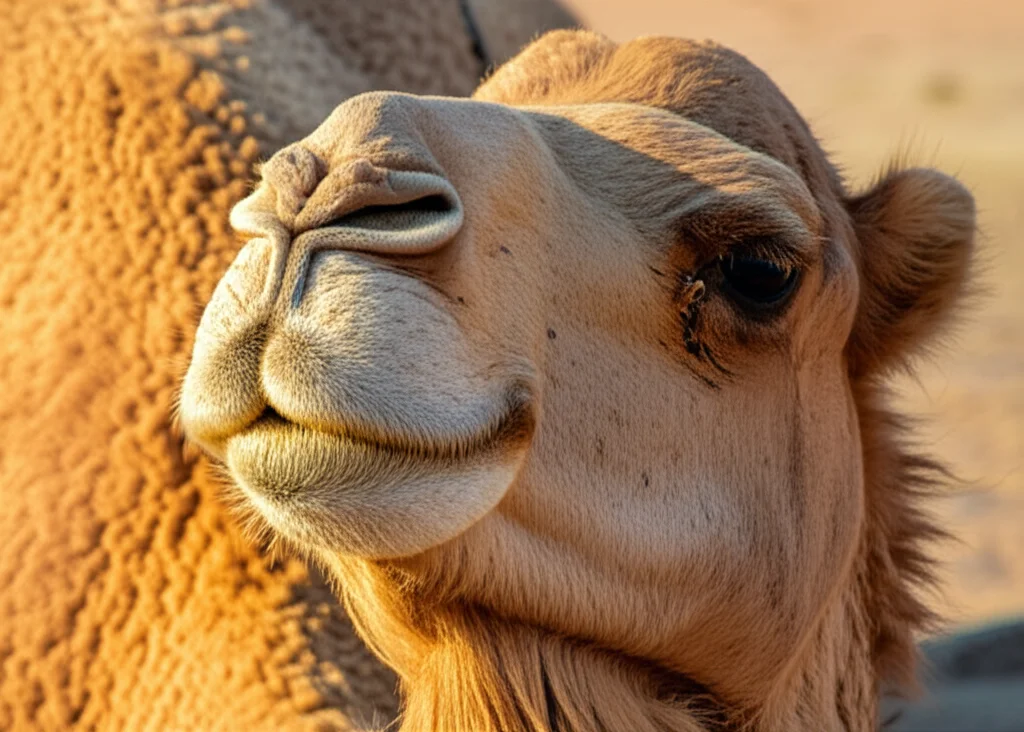 Un dromedario arabo in un contesto di concorso di bellezza, con particolare attenzione alle sue labbra carnose. Fotografia naturalistica, teleobiettivo zoom 200mm per un ritratto espressivo, luce naturale dorata del deserto, messa a fuoco precisa sugli occhi e sulle labbra del cammello, per evidenziare le caratteristiche estetiche.