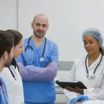 Un gruppo di studenti di infermieristica partecipa attivamente a una sessione di simulazione ACLS utilizzando la metodologia RCDP. Un istruttore fornisce feedback video in tempo reale su un tablet. Scena dinamica e collaborativa in un ambiente di simulazione moderno. Obiettivo zoom 24-70mm per catturare l'interazione, illuminazione da studio controllata per un look professionale e realistico, profondità di campo per mettere a fuoco il gruppo principale.