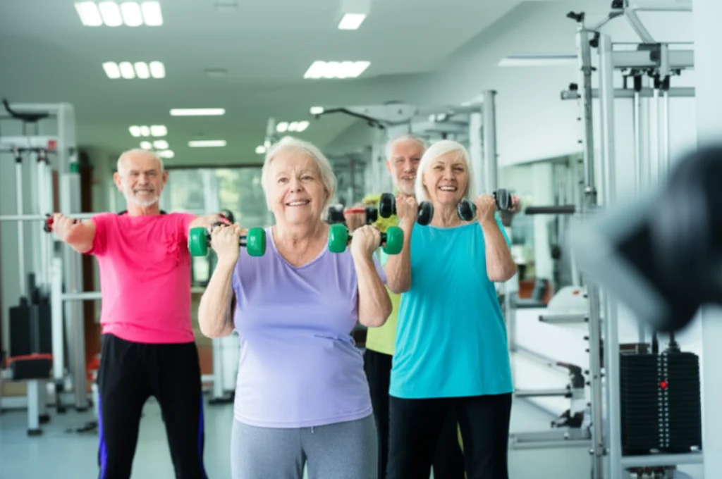 Un gruppo eterogeneo di anziani sorridenti e pieni di energia mentre eseguono esercizi di allenamento resistivo ad alta velocità in una palestra ben attrezzata e luminosa. Un istruttore li guida. Prime lens, 35mm, depth of field, colori vivaci per trasmettere vitalità e benessere. L'immagine deve essere molto realistica e ispirare fiducia nell'attività fisica per la terza età.