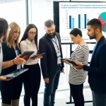 Un gruppo eterogeneo di fisioterapisti, uomini e donne di età diverse, interagisce con entusiasmo con tablet e smartphone che mostrano contenuti educativi. L'ambientazione è una moderna sala conferenze luminosa, con un grande schermo sullo sfondo che proietta grafici scientifici. Obiettivo zoom 24-70mm per catturare la dinamica di gruppo, illuminazione naturale potenziata da luci soffuse, colori vividi.