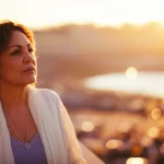 Una donna forte e resiliente, simbolo delle sopravvissute al cancro al seno, guarda verso un futuro di speranza ma consapevole delle sfide. Fotografia ritrattistica, obiettivo da 50mm, luce dorata del tramonto, leggero effetto bokeh sullo sfondo per enfatizzare la figura, colori caldi e intensi.