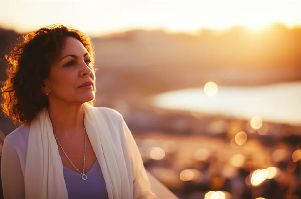 Una donna forte e resiliente, simbolo delle sopravvissute al cancro al seno, guarda verso un futuro di speranza ma consapevole delle sfide. Fotografia ritrattistica, obiettivo da 50mm, luce dorata del tramonto, leggero effetto bokeh sullo sfondo per enfatizzare la figura, colori caldi e intensi.