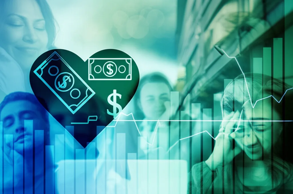 Visualizzazione astratta del concetto di reddito che influenza la salute, con simboli di denaro stilizzati e grafici sanitari a forma di cuore che si intrecciano. Sfondo con un collage di persone diverse, alcune sorridenti e altre preoccupate, in un ambiente urbano e rurale misto. Obiettivo prime 35mm, duotone blu e verde, profondità di campo per mettere a fuoco gli elementi centrali, effetto bokeh sullo sfondo.