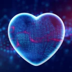 A close-up, symbolic image of a heart overlaid with abstract patterns representing disease or complex data analysis, 35mm portrait, depth of field.