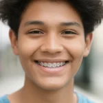 A portrait photography example, 35mm portrait, showing a young person smiling with braces, implying successful and safe orthodontic treatment. The background is slightly blurred with depth of field.