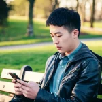 Adolescente cinese assorto nel suo smartphone, seduto su una panchina del parco, con un'espressione leggermente preoccupata o isolata dal contesto circostante. Fotografia ritratto, obiettivo 35mm, profondità di campo che sfoca lo sfondo del parco, luce naturale pomeridiana.