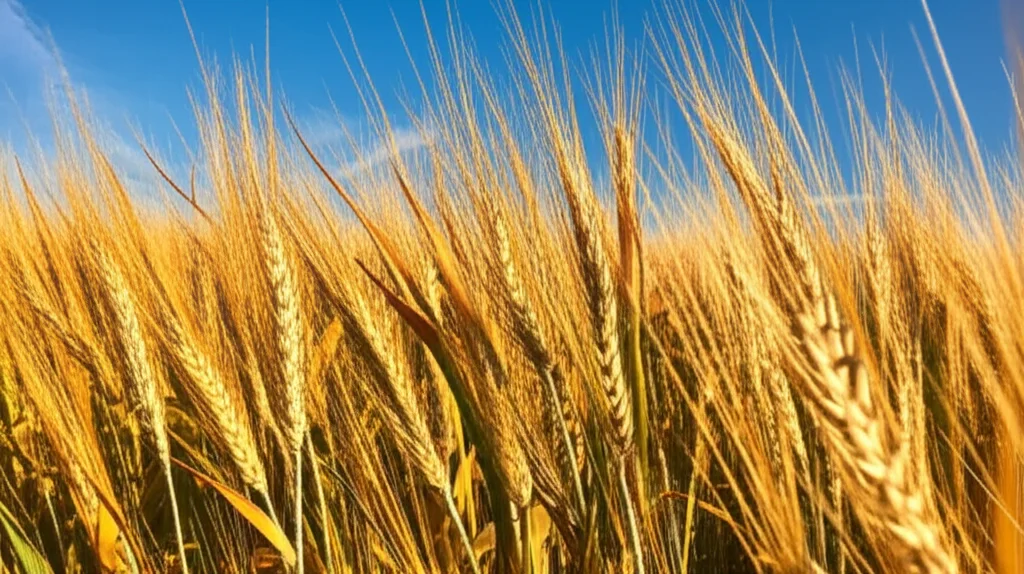 Campo di grano emmer maturo Lxd-682 sotto un cielo azzurro limpido, spighe dorate sane e rigogliose ondeggianti al vento. Fotografia paesaggistica, obiettivo grandangolare 15mm, messa a fuoco nitida su tutto il campo, luce calda del tardo pomeriggio, alta risoluzione, sensazione di salute e abbondanza.