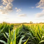 Campo di mais maturo in una regione agricola della Cina meridionale, con alcune piante che mostrano un leggero stress visibile. Obiettivo grandangolare 24mm per catturare l'ampiezza del campo sotto un cielo leggermente nuvoloso, focus nitido sulle piante in primo piano e sul terreno argilloso, luce naturale del tardo pomeriggio.