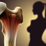 Composizione artistica fotorealistica che mostra una sezione trasversale stilizzata di un osso dell'anca sano sovrapposta a fibre muscolari toniche, con un accenno a una silhouette femminile sullo sfondo, obiettivo 50mm, illuminazione drammatica laterale, alta definizione, colori naturali e caldi.