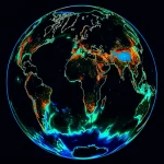 Detailed global map showing ionospheric total electron content distribution, macro lens, 100mm, high detail, precise focusing