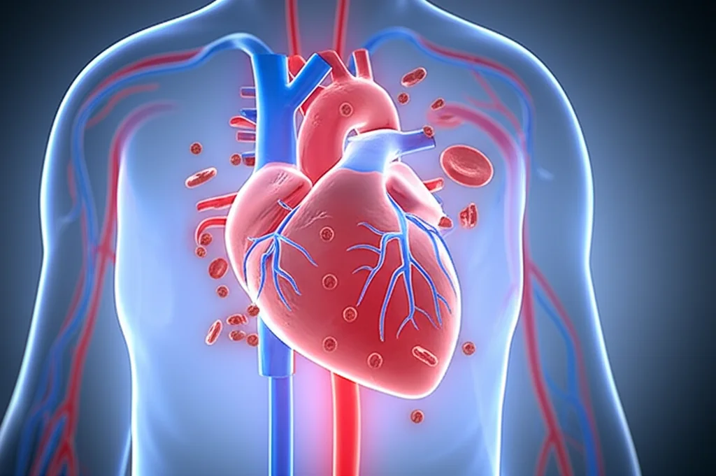 Immagine concettuale che mostra un cuore stilizzato di un bambino con vasi sanguigni e molecole di omocisteina che interagiscono, simboleggiando la ricerca sull'ipertensione pediatrica e l'iperomocisteinemia. Dettagli microscopici visibili, illuminazione da studio, obiettivo prime 35mm, profondità di campo per focalizzare sull'interazione.