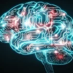 Immagine concettuale di un cervello stilizzato con circuiti digitali luminosi sovrapposti, a simboleggiare l'intersezione tra neuroscienze e tecnologia per la valutazione cognitiva dell'Alzheimer preclinico. Luce soffusa, focus preciso sui dettagli dei circuiti, utilizzando un obiettivo macro da 100mm per alta definizione, sfondo scuro per far risaltare i circuiti.