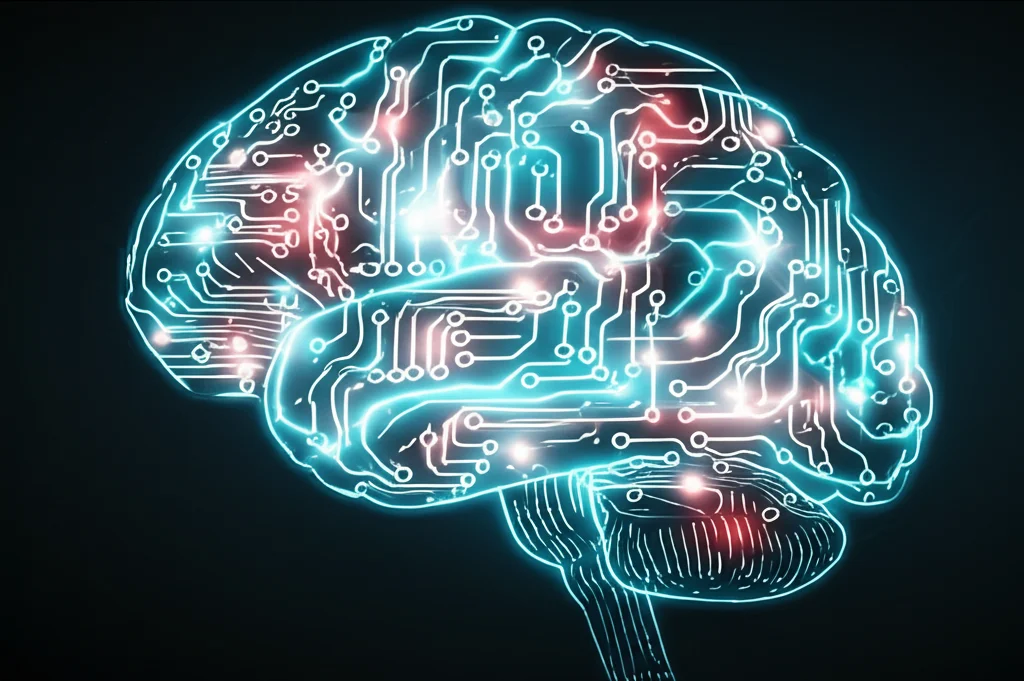 Immagine concettuale di un cervello stilizzato con circuiti digitali luminosi sovrapposti, a simboleggiare l'intersezione tra neuroscienze e tecnologia per la valutazione cognitiva dell'Alzheimer preclinico. Luce soffusa, focus preciso sui dettagli dei circuiti, utilizzando un obiettivo macro da 100mm per alta definizione, sfondo scuro per far risaltare i circuiti.