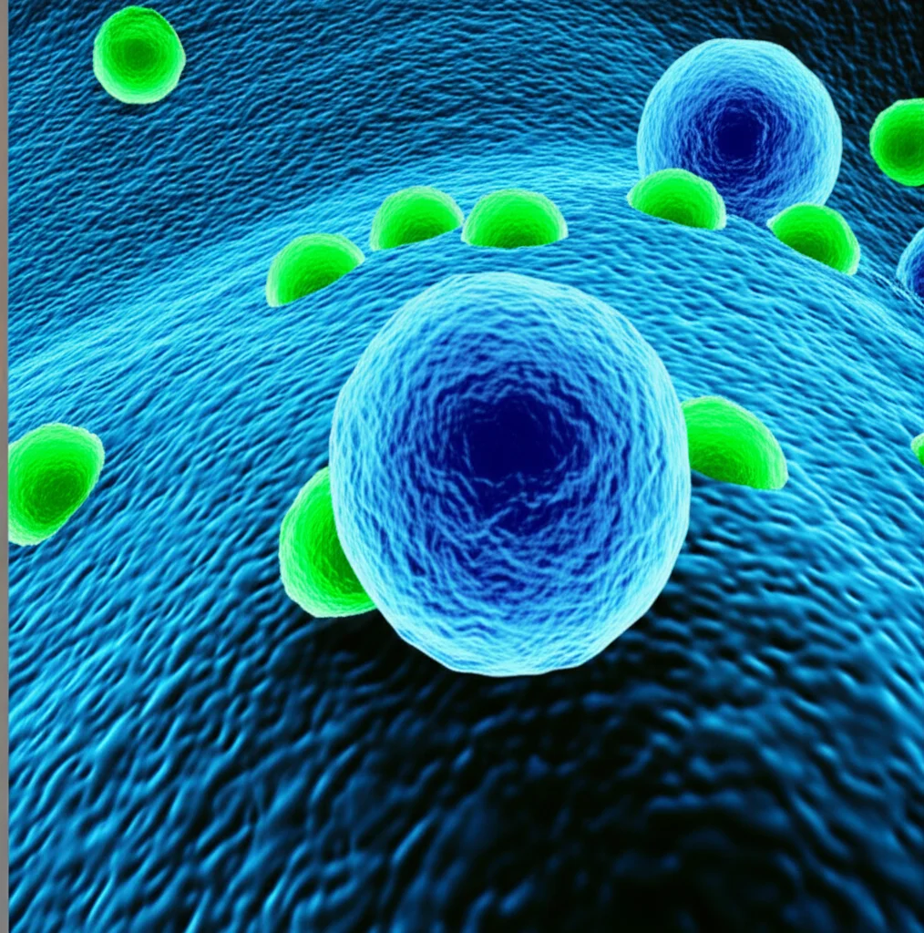 Lente primaria, 35 mm, profondità di campo, blu duotone e verde vibrante, raffigurante una rappresentazione artistica delle cellule T CAR che attaccano una cellula di linfoma. Un'ondata di cellule T CAR è mostrata in una precedente fase di attacco, che appare leggermente affaticata ma numerosa, mentre una seconda ondata distinta appare più robusta e persistente, evidenziando il processo di differenziazione a due stadi.