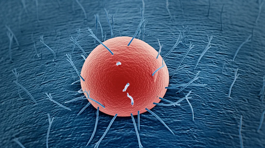 Macro lens, 100mm, high detail, controlled lighting, close-up of a single human bronchial cell with tiny plastic particles attached to its surface.