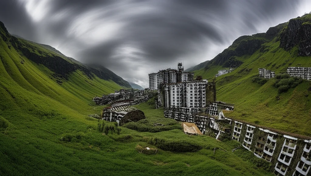 Paesaggio grandangolare che mostra una drammatica giustapposizione: una valle verde e rigogliosa parzialmente invasa da strutture tecnologiche futuristiche ma in stato di abbandono e decadenza, sotto un cielo nuvoloso e carico di atmosfera. Obiettivo 15mm wide-angle, messa a fuoco nitida su tutto il campo, lunga esposizione per rendere le nuvole fluide e suggestive, simboleggiando l'incontro/scontro tra natura e intervento umano nell'Antropocene.