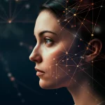 Portrait photography, 35mm portrait, depth of field: A stylized image showing a person's profile overlaid with abstract data visualizations and neural network patterns, symbolizing the intersection of human experience and machine learning in mental health research.