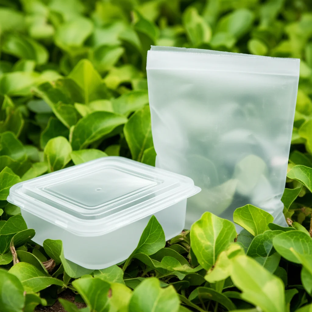 Un assortimento di imballaggi ecologici realizzati in bioplastica a base di amido traslucida, tra cui un contenitore per alimenti e un sacchetto, disposti su uno sfondo di foglie verdi fresche, obiettivo macro 70mm, illuminazione morbida e naturale, alta definizione, focus sui dettagli della texture della bioplastica.