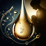 Una composizione artistica che mostra una goccia di latte materno ingrandita, circondata da stilizzazioni di acidi grassi omega-3 e omega-6. Sullo sfondo, una silhouette di una madre che allatta. Illuminazione drammatica, high detail, obiettivo macro 60mm, colori caldi e freddi in duotono (es. oro e blu).