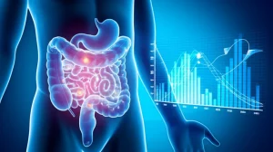 Un'immagine concettuale che rappresenta l'innovazione nella diagnosi del cancro al colon. Un modello 3D trasparente del colon umano con linfonodi evidenziati digitalmente, sovrapposto a un grafico di dati astratto che simboleggia l'analisi predittiva del nomogramma. L'illuminazione è futuristica e pulita, con toni blu e bianchi. Wide-angle, 10mm, sharp focus, controlled lighting.