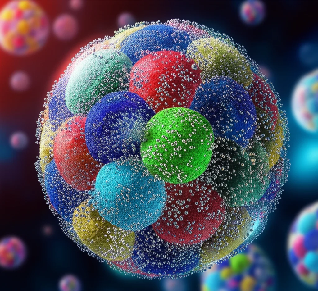Visualizzazione artistica del nucleo di una cellula con la cromatina organizzata in domini tridimensionali, evidenziati da colori brillanti. Lente prime, 35mm, profondità di campo, illuminazione suggestiva che mette in risalto la complessità genomica.