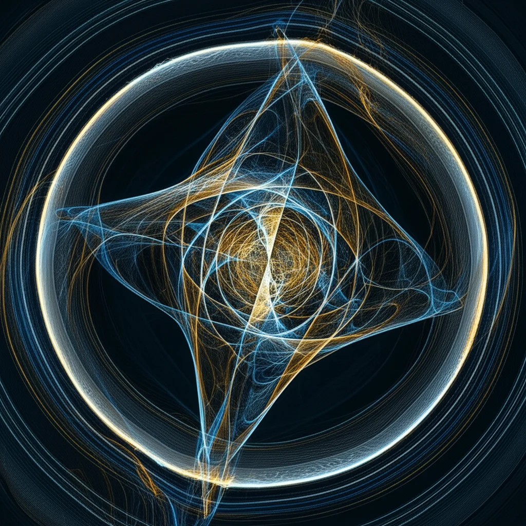 Visualizzazione artistica di concetti matematici complessi. Onde stocastiche bluastre che interagiscono con una struttura geometrica dorata stabile (rappresentante la soluzione di Lyapunov). Obiettivo 35mm, stile cinematografico con toni blu e oro duotone, profondità di campo media per sfocare lo sfondo.