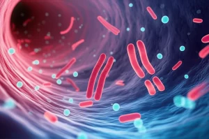 Visualizzazione artistica di microparticelle endoteliali (sfere piccole e luminose, EMP) e molecole di trombomodulina solubile (sTM, forme proteiche stilizzate) che circolano in un vaso sanguigno stilizzato, con cellule endoteliali danneggiate sulla parete interna del vaso. Illuminazione soffusa, colori blu e rossi che si mescolano, profondità di campo ridotta per focalizzare sulle particelle e molecole nel flusso sanguigno. Prime lens, 50mm, depth of field, concetto medico-scientifico.