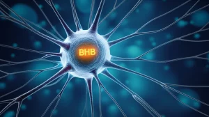 Visualizzazione concettuale fotorealistica dell'effetto neuroprotettivo del BHB: una molecola di BHB stilizzata e luminosa (oro) che scherma un neurone sano (blu brillante) da aggregati scuri e minacciosi di placche amiloidi e grovigli di Tau sullo sfondo. Obiettivo prime 35mm, profondità di campo ridotta per focalizzare l'attenzione sull'interazione protettiva, toni blu e oro duotone per un look scientifico ed elegante.
