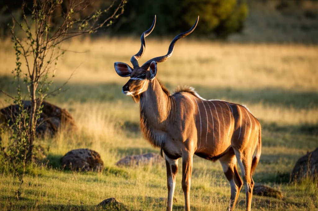 Fotografia naturalistica di un maestoso Tragelafus di Menelik nel suo habitat naturale sugli altopiani etiopi, con dettagli nitidi del manto e delle corna a spirale, illuminato dalla luce dorata del tramonto. Obiettivo teleobiettivo 100-400mm, scatto veloce, tracciamento del movimento.