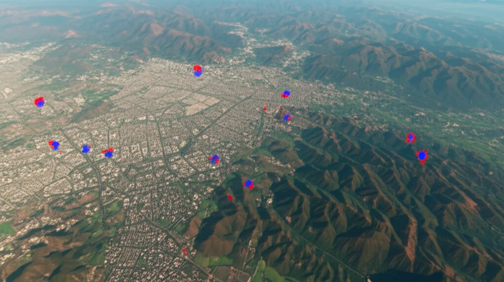 Immagine aerea, wide-angle 10mm, di una vasta regione cinese con diverse zone: aree urbane dense con visibile inquinamento atmosferico (smog denso e grigiastro), zone rurali con campi coltivati verdastri, e montagne ondulate dai toni marroni e verdi. Sovrapposti, in modo discreto ma chiaro, simboli GIS rossi e blu che indicano hot spot e cold spot di incidenza di cancro al polmone. Illuminazione drammatica da tardo pomeriggio che crea lunghe ombre, sharp focus su tutta la scena, long exposure per rendere lisce eventuali nuvole.