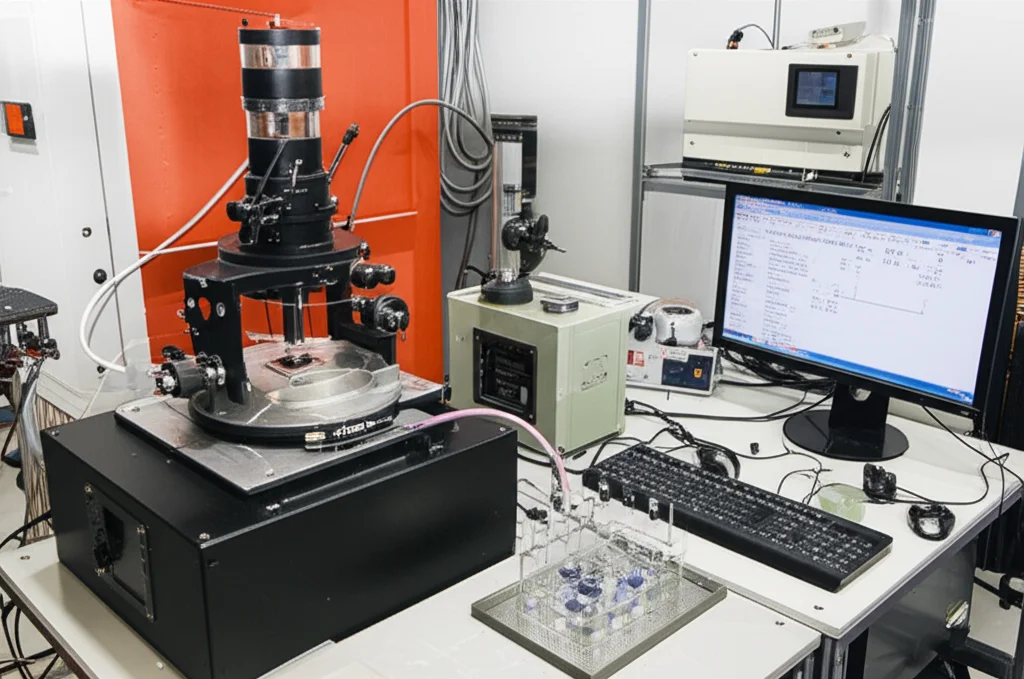 Immagine fotorealistica di un setup di diffrazione a raggi X (XRD) in un laboratorio di scienza dei materiali, con un fascio di raggi X focalizzato su un campione metallico. Obiettivo macro 85mm, illuminazione controllata, alta definizione per mostrare i dettagli della strumentazione e del campione, simboleggiando l'analisi precisa dei materiali.