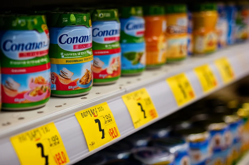 Una selezione di vasetti di omogeneizzati e pappe per bambini esposti su uno scaffale di supermercato, alcuni con etichette colorate e accattivanti. Macro lens, 90mm, illuminazione da studio per dettagli nitidi, focus sulle etichette nutrizionali.